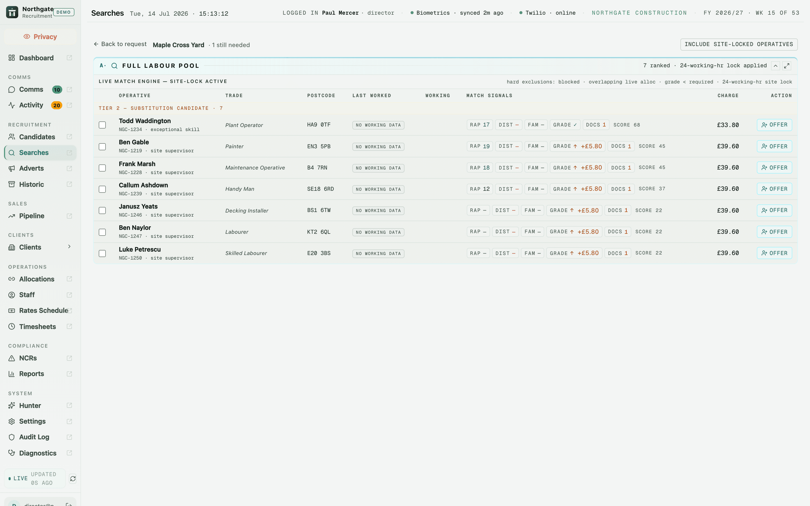The live match engine - compliant candidates ranked against a vacancy